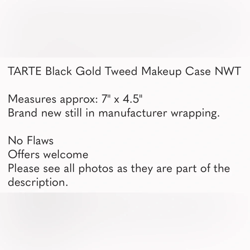 TARTE Black Gold Tweed Makeup Case NWT